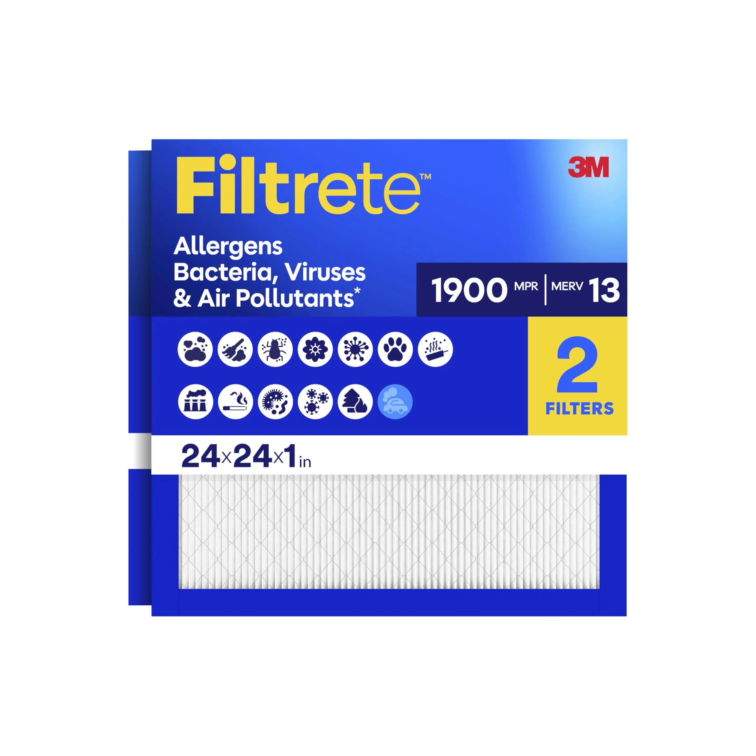 Filtrete 24x24x1 Air Filter, MERV 13 MPR 1900, Allergens, Bacteria, Viruses & Air Pollutants, 3-Month AC/Furnace Filters, 2 HVAC Filters(Act Size 23.81x23.81x0.78 in)