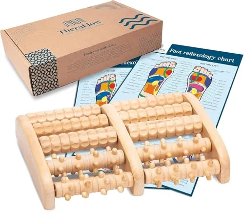 TheraFlow Foot Massager for Plantar Fasciitis Relief (Wooden Foot Roller Massager, Includes Reflexology Chart)