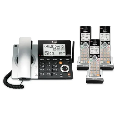 AT&T CL84307 Dect 6.0 Expandable Corded/Cordless Phone with Smart Call Blocker, Silver/Black with 3 Handsets