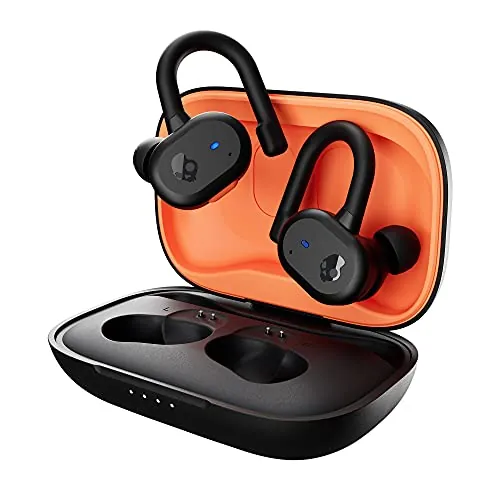 Skullcandy Push Active Wireless Earbuds, Bluetooth Headphones, Noise Isolating, 44 Hrs Battery, Secure-Fit Over-Ear Hanger, Sweat and Water Resistant, Microphone for iPhone Android - True Black/Orange